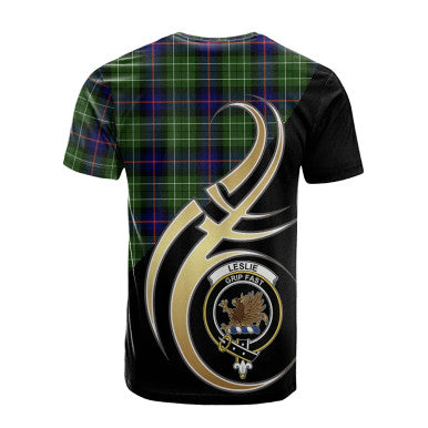 Scottish Leslie Hunting Clan Crest Tartan T-Shirt Believe in Me Back Side Tartan Plaid