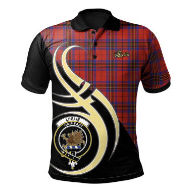 Scottish Leslie Modern Clan Crest Tartan Polo Shirt Believe in Me Front Side Tartan Plaid