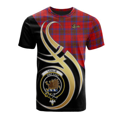 Scottish Leslie Modern Clan Crest Tartan T-Shirt Believe in Me Front Side Tartan Plaid
