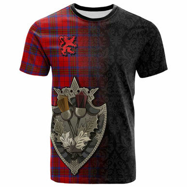 Scottish Leslie Modern Clan Tartan T-Shirt - Half Thistle Flowers Celtic Design Front Side Tartan Plaid
