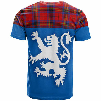 Scottish Leslie Modern Clan Tartan T-Shirt - Lion Rampant of Scotland With Flag Back Side Tartan Plaid