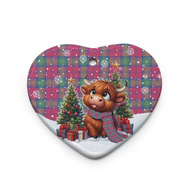 Scottish Lindsay Ancient Clan Tartan Ceramic Ornament Cute Highland Cow Christmas Heart Style Tartan Plaid