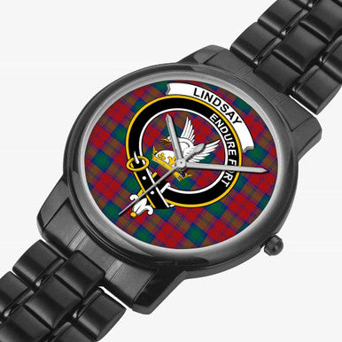Scottish Lindsay Clan Crest Tartan Folding Clasp Steel Quartz Watches Tartan Plaid Black 2