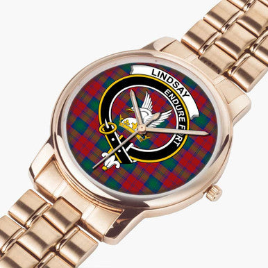 Scottish Lindsay Clan Crest Tartan Folding Clasp Steel Quartz Watches Tartan Plaid Rose Gold 2