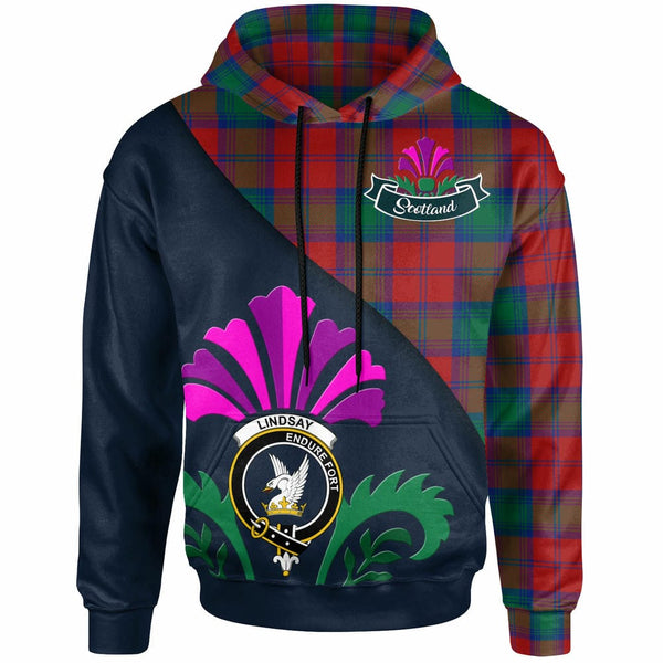 Scottish Lindsay Clan Crest Tartan Hoodie - Scotland Thistle Style Front Side Tartan Plaid