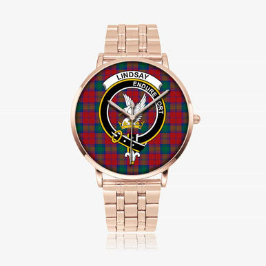 Scottish Lindsay Clan Crest Tartan Instafamous Steel Quartz Watches Tartan Plaid Rose Gold 1