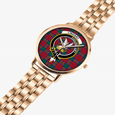 Scottish Lindsay Clan Crest Tartan Instafamous Steel Quartz Watches Tartan Plaid Rose Gold 2