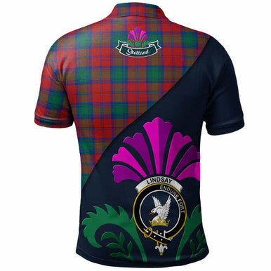 Scottish Lindsay Clan Crest Tartan Polo Shirt - Scotland Thistle Style Back Side Tartan Plaid