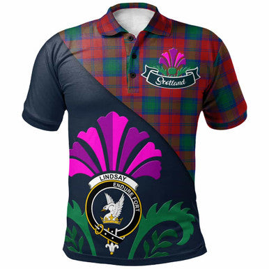 Scottish Lindsay Clan Crest Tartan Polo Shirt - Scotland Thistle Style Front Side Tartan Plaid