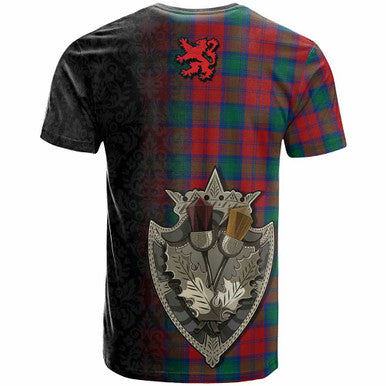 Scottish Lindsay Clan Crest Tartan T-Shirt - Half Thistle Flowers Celtic Design Back Side Tartan Plaid