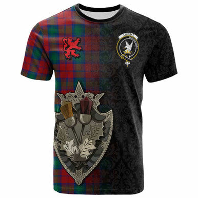Scottish Lindsay Clan Crest Tartan T-Shirt - Half Thistle Flowers Celtic Design Front Side Tartan Plaid