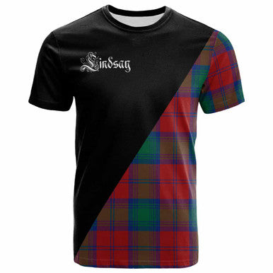 Scottish Lindsay Clan Crest Tartan T-Shirt - Military Logo Front Side Tartan Plaid