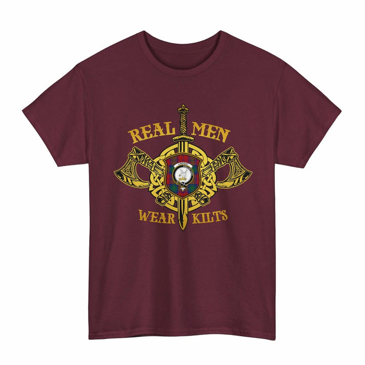 Scottish Lindsay Clan Crest Tartan T-Shirt Real Men Wear Kilts Tartan Plaid Maroon Color