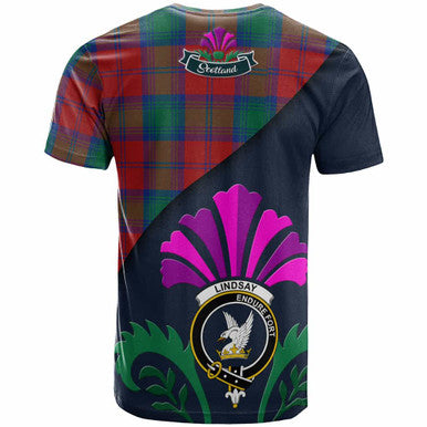 Scottish Lindsay Clan Crest Tartan T-Shirt - Scotland Thistle Style Back Side Tartan Plaid