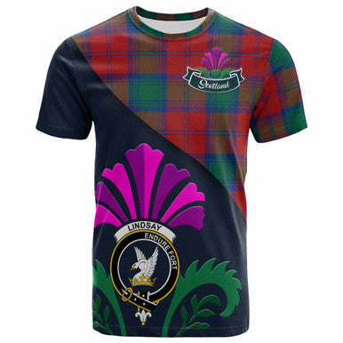 Scottish Lindsay Clan Crest Tartan T-Shirt - Scotland Thistle Style Front Side Tartan Plaid
