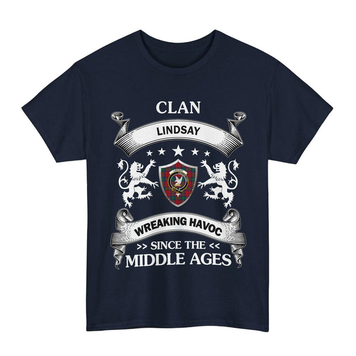 Scottish Lindsay Clan Crest Tartan T-Shirt Wreaking Havoc Design Tartan Plaid Navy Color