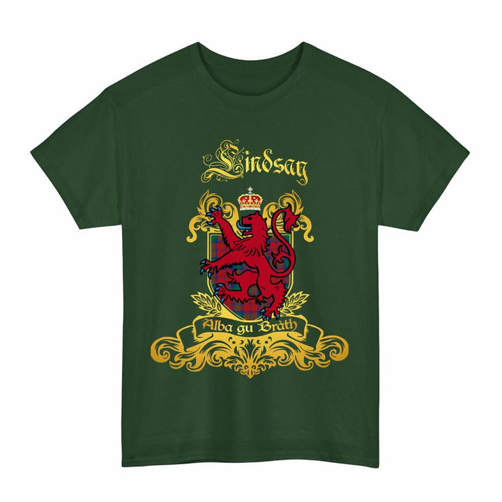 Scottish Lindsay Clan Tartan Lion Rampant of Scotland T-Shirt Tartan Plaid Forest Green Color