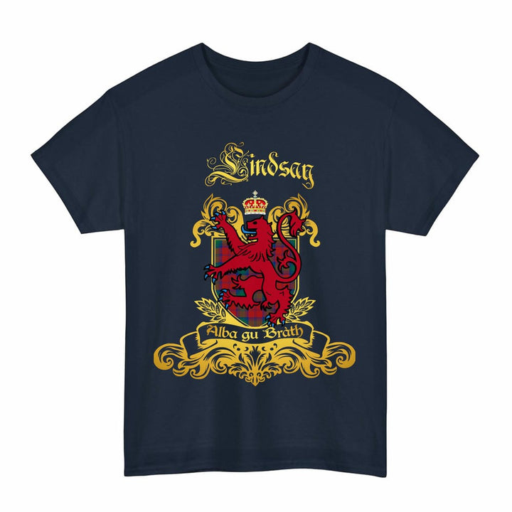 Scottish Lindsay Clan Tartan Lion Rampant of Scotland T-Shirt Tartan Plaid Navy Color