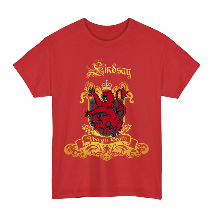 Scottish Lindsay Clan Tartan Lion Rampant of Scotland T-Shirt Tartan Plaid Red Color