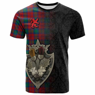 Scottish Lindsay Modern Clan Tartan T-Shirt - Half Thistle Flowers Celtic Design Front Side Tartan Plaid