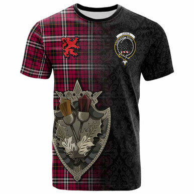 Scottish Little Clan Crest Tartan T-Shirt - Half Thistle Flowers Celtic Design Front Side Tartan Plaid