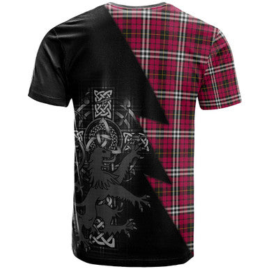 Scottish Little Clan Crest Tartan T-Shirt - Lion Rampant Celtic Cross Flash Style Back Side Tartan Plaid