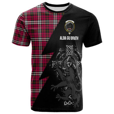 Scottish Little Clan Crest Tartan T-Shirt - Lion Rampant Celtic Cross Flash Style Front Side Tartan Plaid