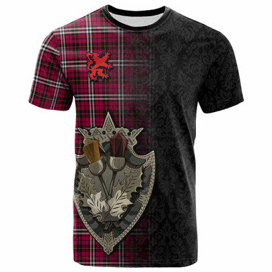 Scottish Little Clan Tartan T-Shirt - Half Thistle Flowers Celtic Design Front Side Tartan Plaid