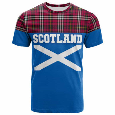 Scottish Little Clan Tartan T-Shirt - Lion Rampant of Scotland With Flag Front Side Tartan Plaid