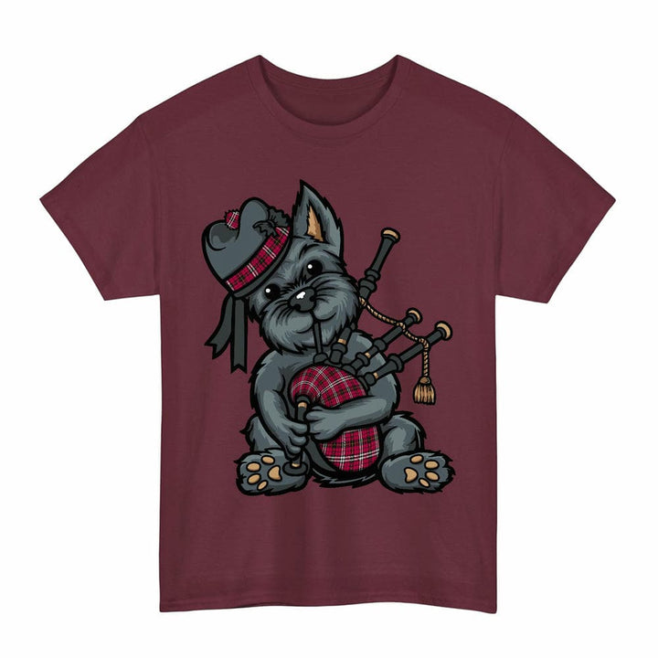 Scottish Little Clan Tartan Terrier Bagpipes T-Shirt Tartan Plaid Maroon Color