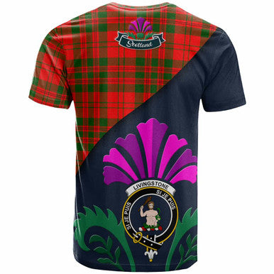 Scottish Livingstone Clan Crest Tartan T-Shirt - Scotland Thistle Style Back Side Tartan Plaid
