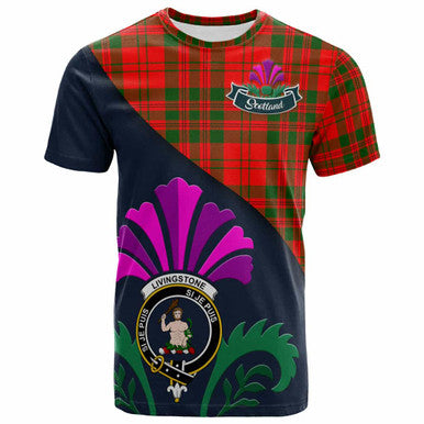 Scottish Livingstone Clan Crest Tartan T-Shirt - Scotland Thistle Style Front Side Tartan Plaid