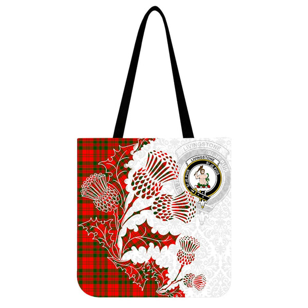 Scottish Livingstone Clan Crest Tartan Tote Bag - Thistle Flowers Style Tartan Plaid 1