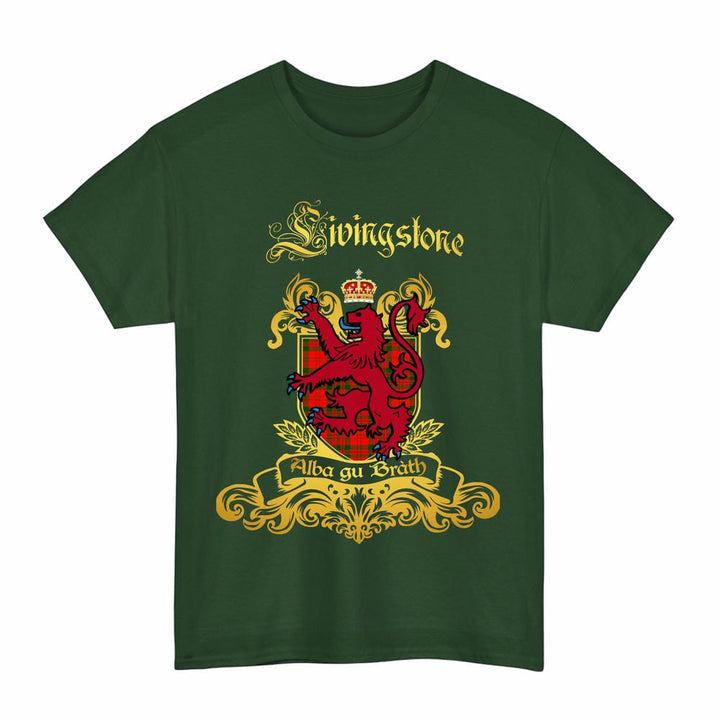 Scottish Livingstone Clan Tartan Lion Rampant of Scotland T-Shirt Tartan Plaid Forest Green Color