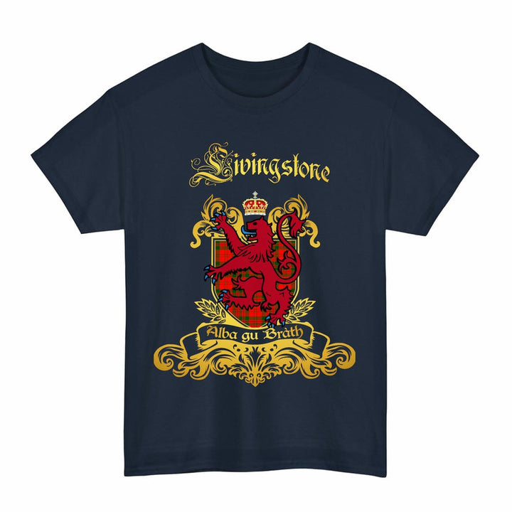 Scottish Livingstone Clan Tartan Lion Rampant of Scotland T-Shirt Tartan Plaid Navy Color