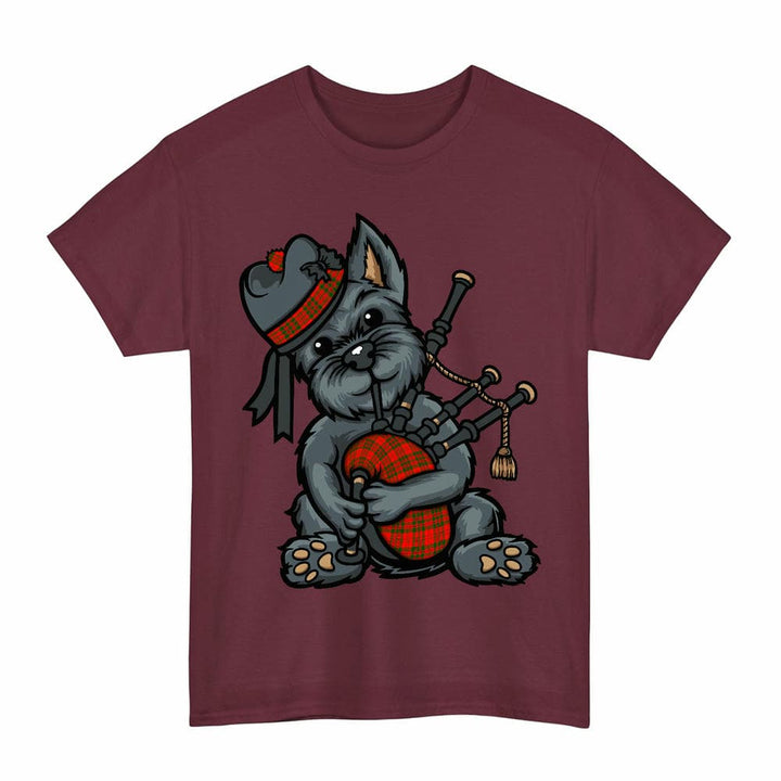 Scottish Livingstone Modern Clan Tartan Terrier Bagpipes T-Shirt Tartan Plaid Maroon Color