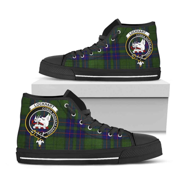 Scottish Lockhart Clan Crest Tartan High Top Shoes Black Sole Tartan Plaid