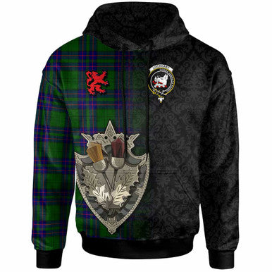 Scottish Lockhart Clan Crest Tartan Hoodie - Half Thistle Flowers Celtic Design Front Side Tartan Plaid