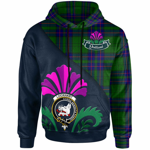 Scottish Lockhart Clan Crest Tartan Hoodie - Scotland Thistle Style Front Side Tartan Plaid