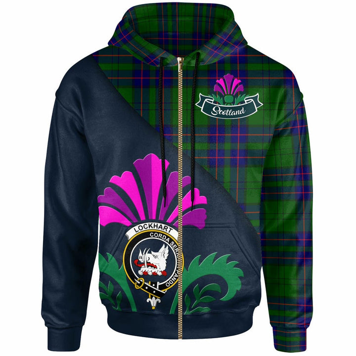 Scottish Lockhart Clan Crest Tartan Hoodie - Scotland Thistle Style Zip-up Tartan Plaid