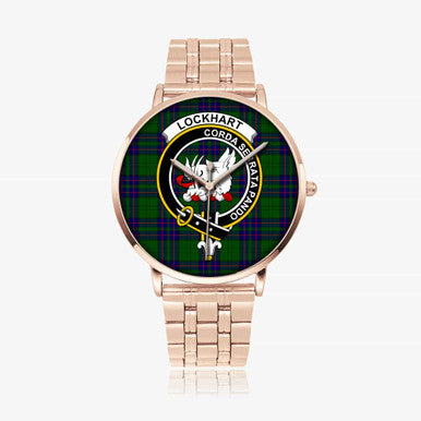 Scottish Lockhart Clan Crest Tartan Instafamous Steel Quartz Watches Tartan Plaid Rose Gold 1