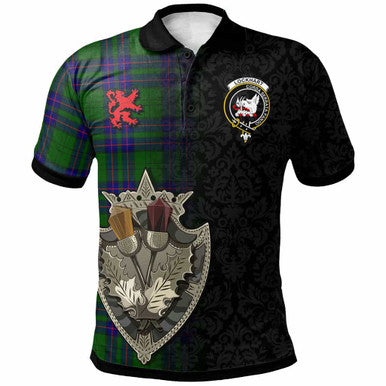 Scottish Lockhart Clan Crest Tartan Polo Shirt - Half Thistle Flowers Celtic Design Front Side Tartan Plaid
