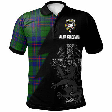 Scottish Lockhart Clan Crest Tartan Polo Shirt - Lion Rampant Celtic Cross Flash Style Front Side Tartan Plaid