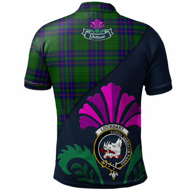 Scottish Lockhart Clan Crest Tartan Polo Shirt - Scotland Thistle Style Back Side Tartan Plaid