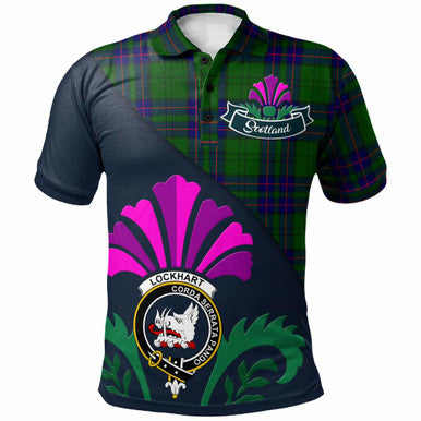 Scottish Lockhart Clan Crest Tartan Polo Shirt - Scotland Thistle Style Front Side Tartan Plaid