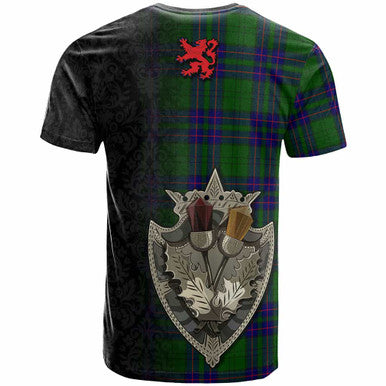Scottish Lockhart Clan Crest Tartan T-Shirt - Half Thistle Flowers Celtic Design Back Side Tartan Plaid