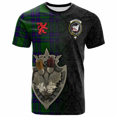 Scottish Lockhart Clan Crest Tartan T-Shirt - Half Thistle Flowers Celtic Design Front Side Tartan Plaid