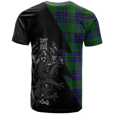 Scottish Lockhart Clan Crest Tartan T-Shirt - Lion Rampant Celtic Cross Flash Style Back Side Tartan Plaid