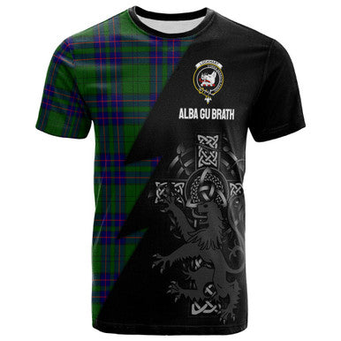 Scottish Lockhart Clan Crest Tartan T-Shirt - Lion Rampant Celtic Cross Flash Style Front Side Tartan Plaid