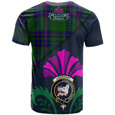 Scottish Lockhart Clan Crest Tartan T-Shirt - Scotland Thistle Style Back Side Tartan Plaid